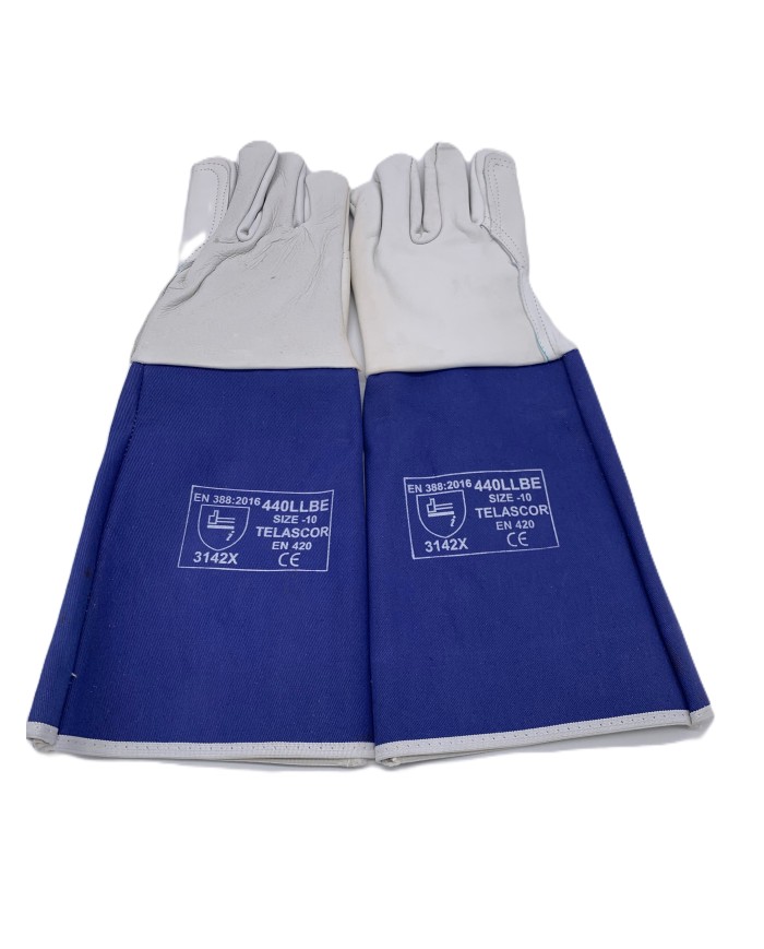 GUANTES PIEL GRIS T-10 LARGO REFORZADO AZUL (12U)