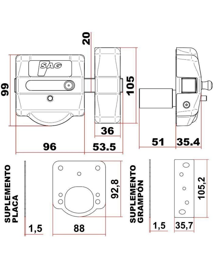 CERROJO SAG MODELO CSI (AACP0142) LATONADO 5 LLAVES