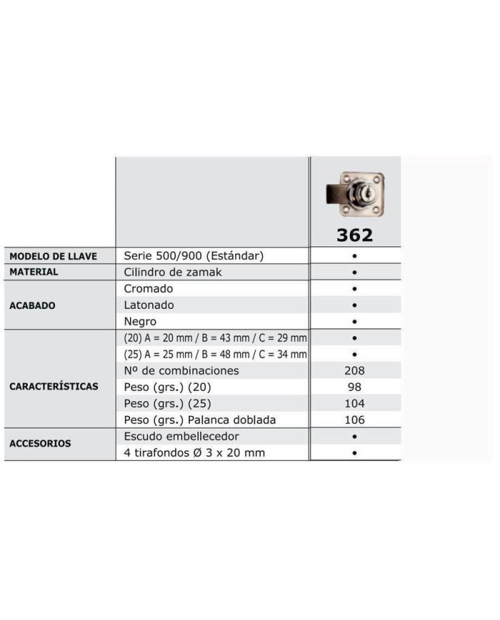 CERRADURA ARMARIO AGA R362 CILINDRO 25MM
