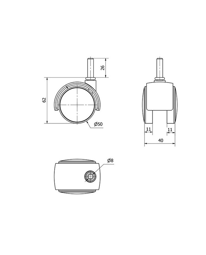 RUEDA GIRATORIA PLASTICO ESPIGA LISA 50MM.
