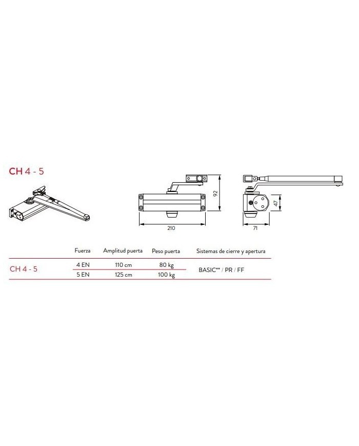 CIERRAPUERTAS CH 4-5-PR PLATA JUSTOR (HOJA 125CM-100 KG)