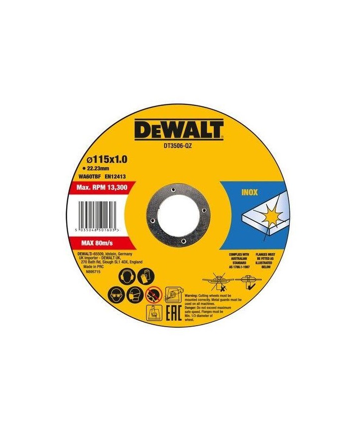 DISCO DEWALT CORTE A/INOXIDABLE 1MM.X115MM.(LATA 10 UDS.)