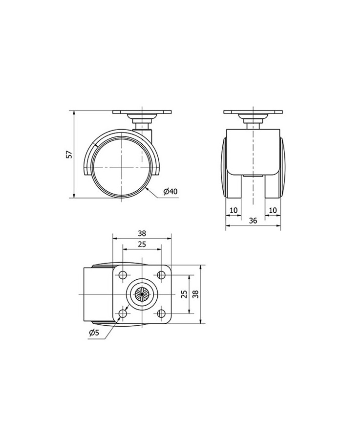 RUEDA GIRATORIA PLASTICO CON PLACA 40MM.
