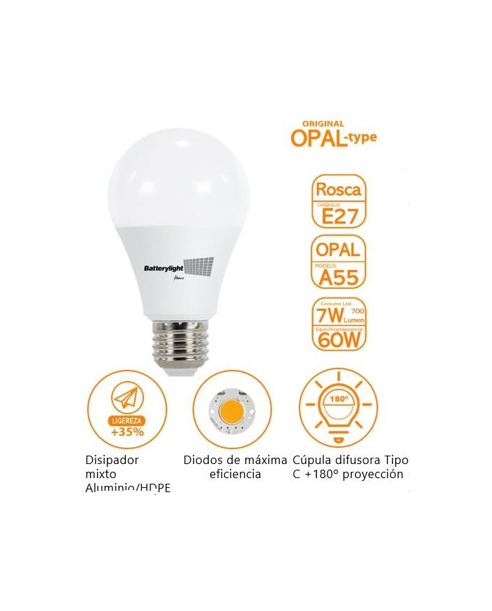 BOMBILLA LED ESTANDAR BATTERYLIGHT A55  7W. E27 6000K