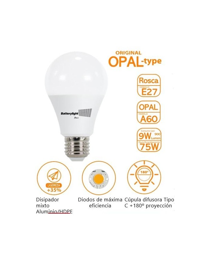 BOMBILLA LED ESTANDAR BATTERYLIGHT A60  9W. E27 2700K
