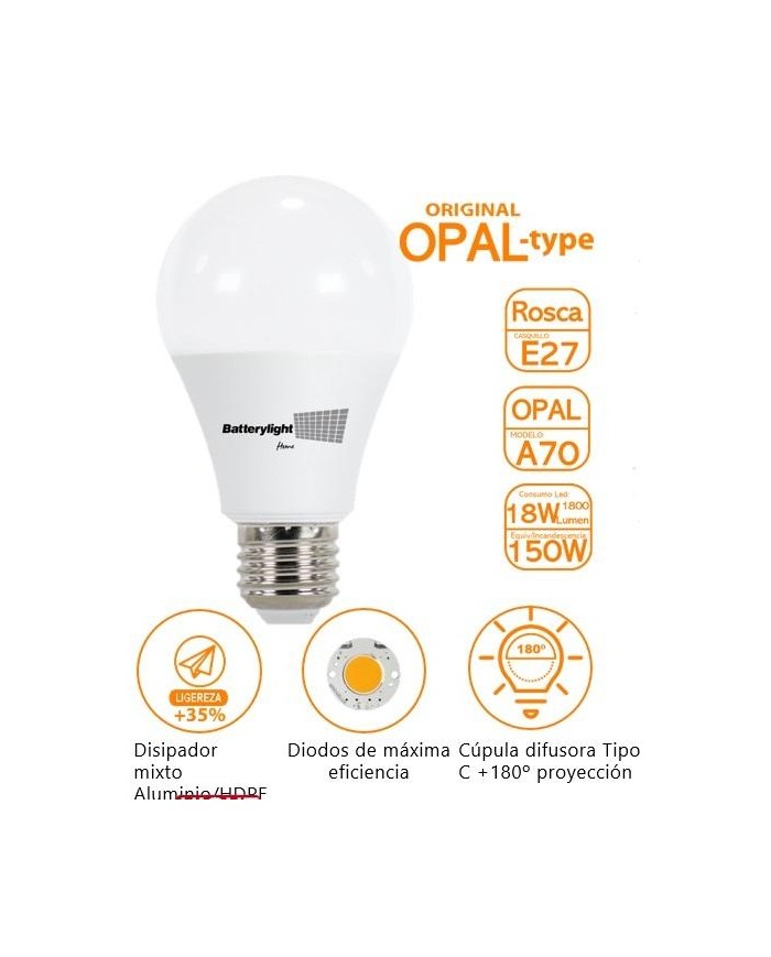 BOMBILLA LED ESTANDAR BATTERYLIGHT A70 18W. E27 2700K