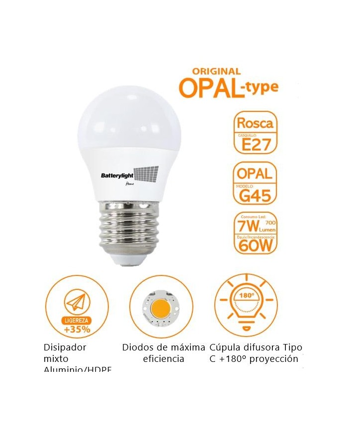 BOMBILLA LED ESFERICA G45 BATTERYLIGHT 7W. E27 6000K