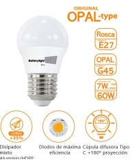BOMBILLA LED ESFERICA G45 BATTERYLIGHT 7W. E27 6000K