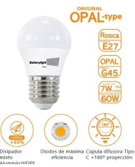 BOMBILLA LED ESFERICA G45 BATTERYLIGHT 7W. E27 2700K