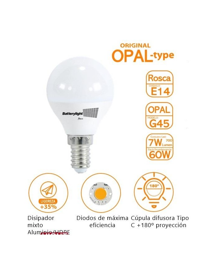 BOMBILLA LED ESFERICA G45 BATTERYLIGHT 7W. E14 2700K