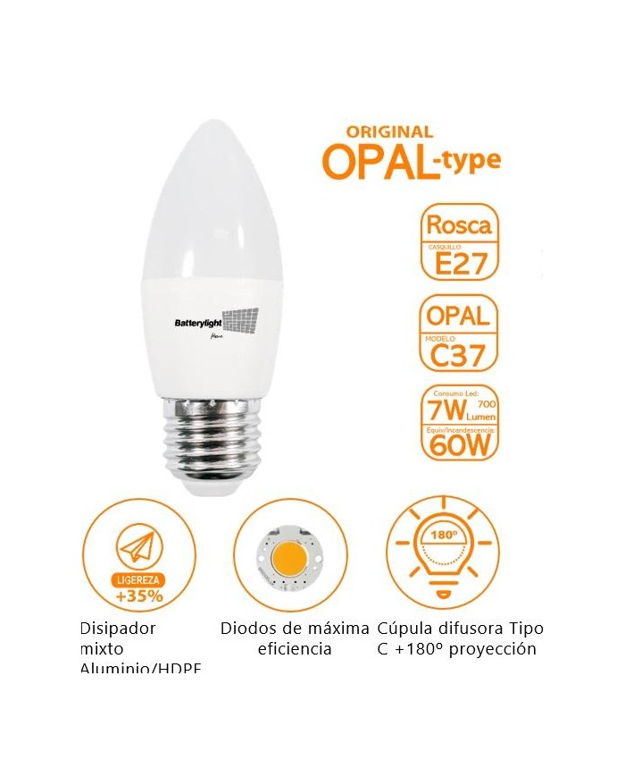 BOMBILLA LED VELA C37 BATTERYLIGHT 7W. E27 6000K