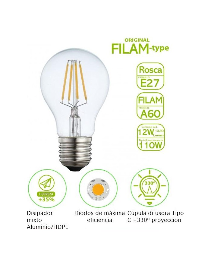 BOMBILLA FILAMENTO BATTERYLIGHT A60 12W. E27 2700K