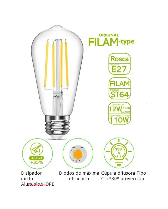 BOMBILLA FILAMENTO BATTERYLIGHT ST64 12W. E27 2700K