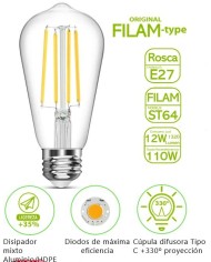 BOMBILLA FILAMENTO BATTERYLIGHT ST64 12W. E27 2700K
