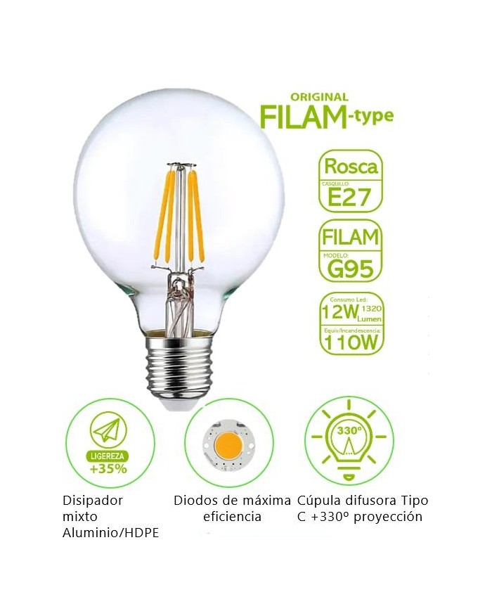 BOMBILLA FILAMENTO BATTERYLIGHT G95 12W. E27 2700K