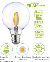 BOMBILLA FILAMENTO BATTERYLIGHT G95 12W. E27 2700K