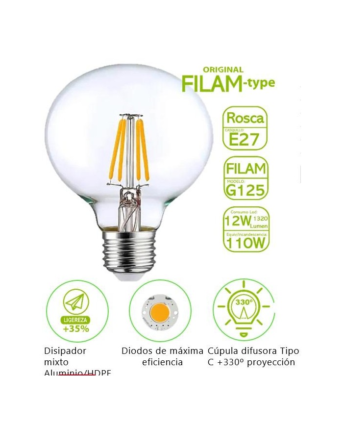 BOMBILLA FILAMENTO BATTERYLIGHT G125 12W. E27 2700K