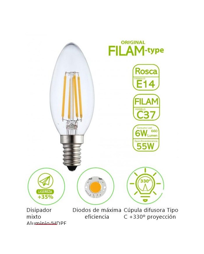 BOMBILLA FILAMENTO BATTERYLIGHT C37 6W. E14 2700K