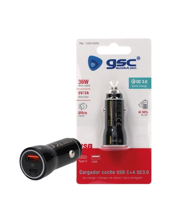 CARGADOR GSC MECHERO COCHE USB C + A QC 3.0
