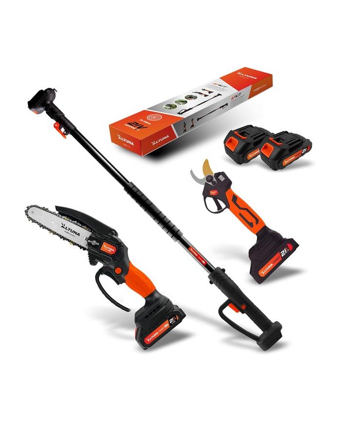 KIT PODA ALTUNA TIJERA+MOTOSIERRA Y PERTIGA 2BATERIAS 21V-2AH